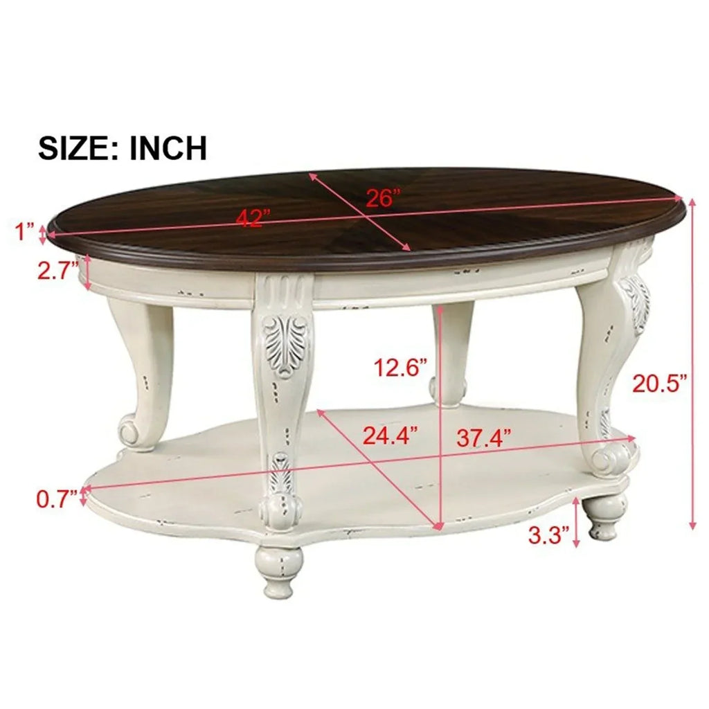 Nouveauté 2026 – Table basse ovale 42" avec étagère de rangement, table basse à deux niveaux en bois massif, style rétro traditionnel pour salon, supporte jusqu'à 181 kg, couleur cerisier