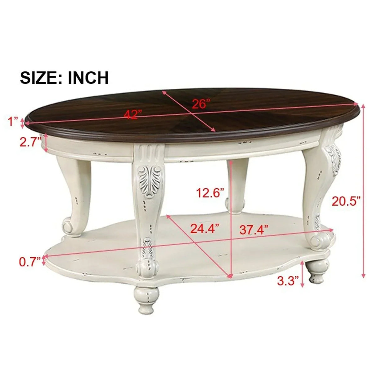 Nouveauté 2026 – Table basse ovale 42" avec étagère de rangement, table basse à deux niveaux en bois massif, style rétro traditionnel pour salon, supporte jusqu'à 181 kg, couleur cerisier