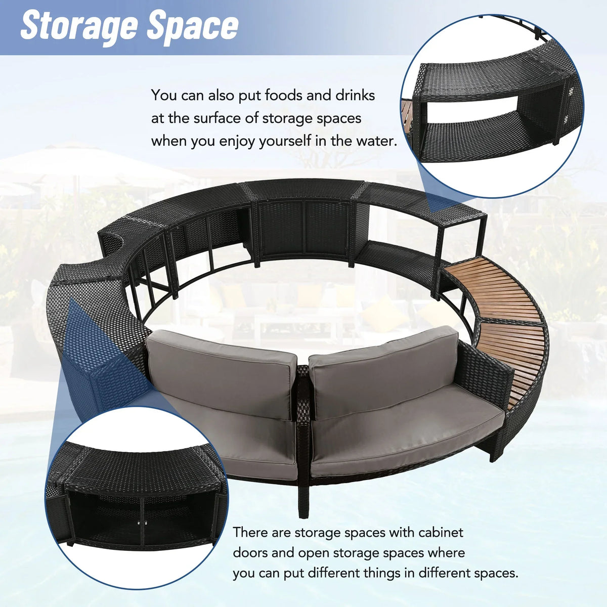 Nouveauté 2026 – Ensemble de mobilier de jardin Round pour spa , canapé d'angle en rotin avec mini-canapé, rangement pour spa en bois d'acacia massif, coussins gris