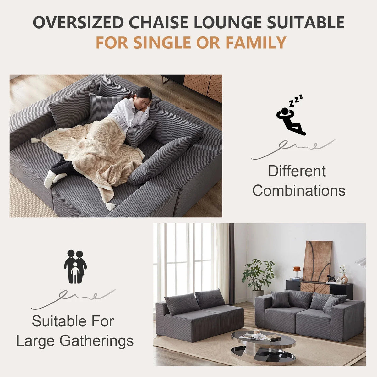 Nouveauté 2026 – Canapé d'angle modulaire en velours côtelé de 264 cm (104 pouces), ensemble de canapés de sol de luxe, mobilier d'intérieur rembourré, canapé compressé en mousse pour salon et chambre, combinaison libre de 4 pièces