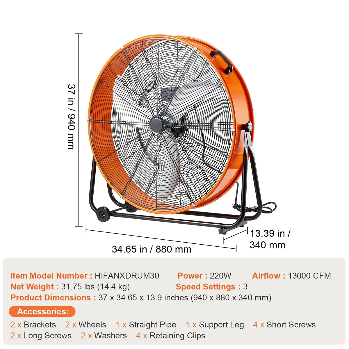 Nouveauté 2026 – Ventilateur industriel à tambour KFFKFF , 30 pouces, haute vitesse, 3 vitesses, 13 000 CFM, robuste pour usage commercial, mécanisme d'inclinaison flexible à 360°, idéal pour entrepôt, atelier, usine et sous-sol