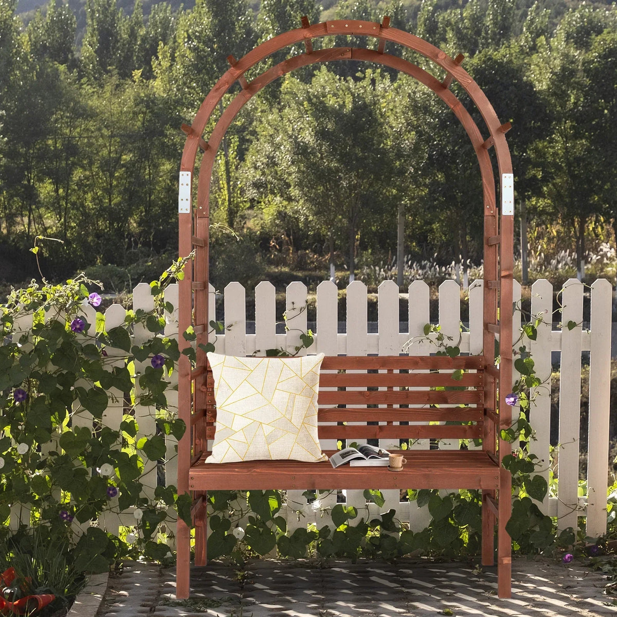 Nouveauté 2026 – Arche en bois de 2,1 m (6,8 pi) avec banc pour 2 personnes, treillis pour plantes grimpantes, décoration extérieure pour jardin, pelouse, terrasse, marron foncé