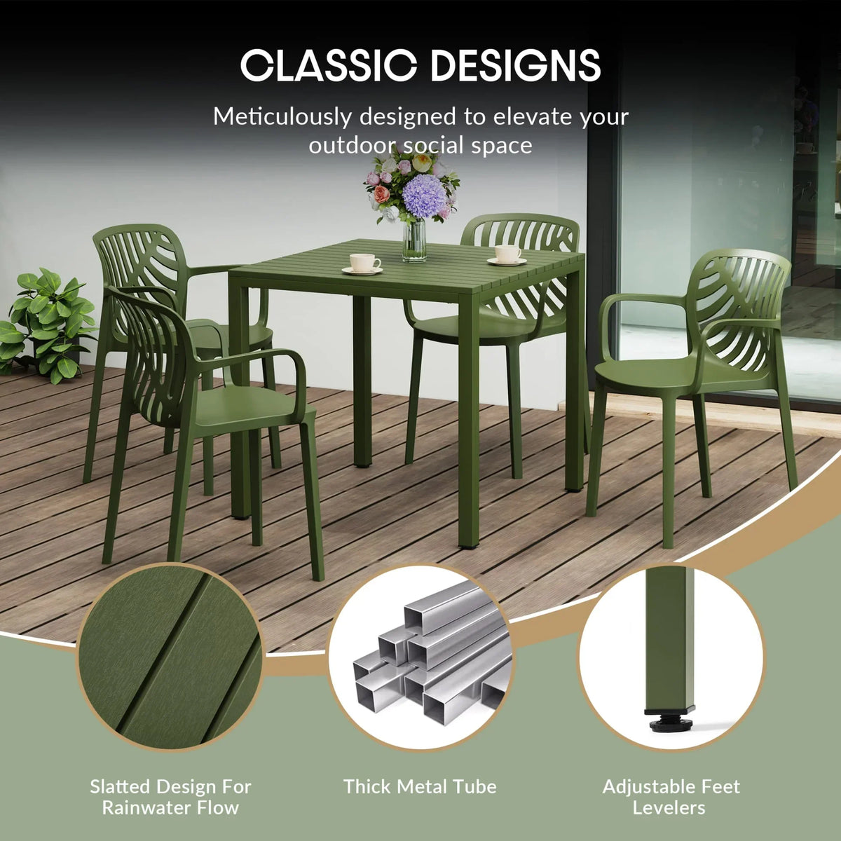 Nouveauté 2026 – Ensemble de salle à manger d'extérieur WestinTrends Playa 5 pièces avec table et chaises empilables, structure en métal, vert olive