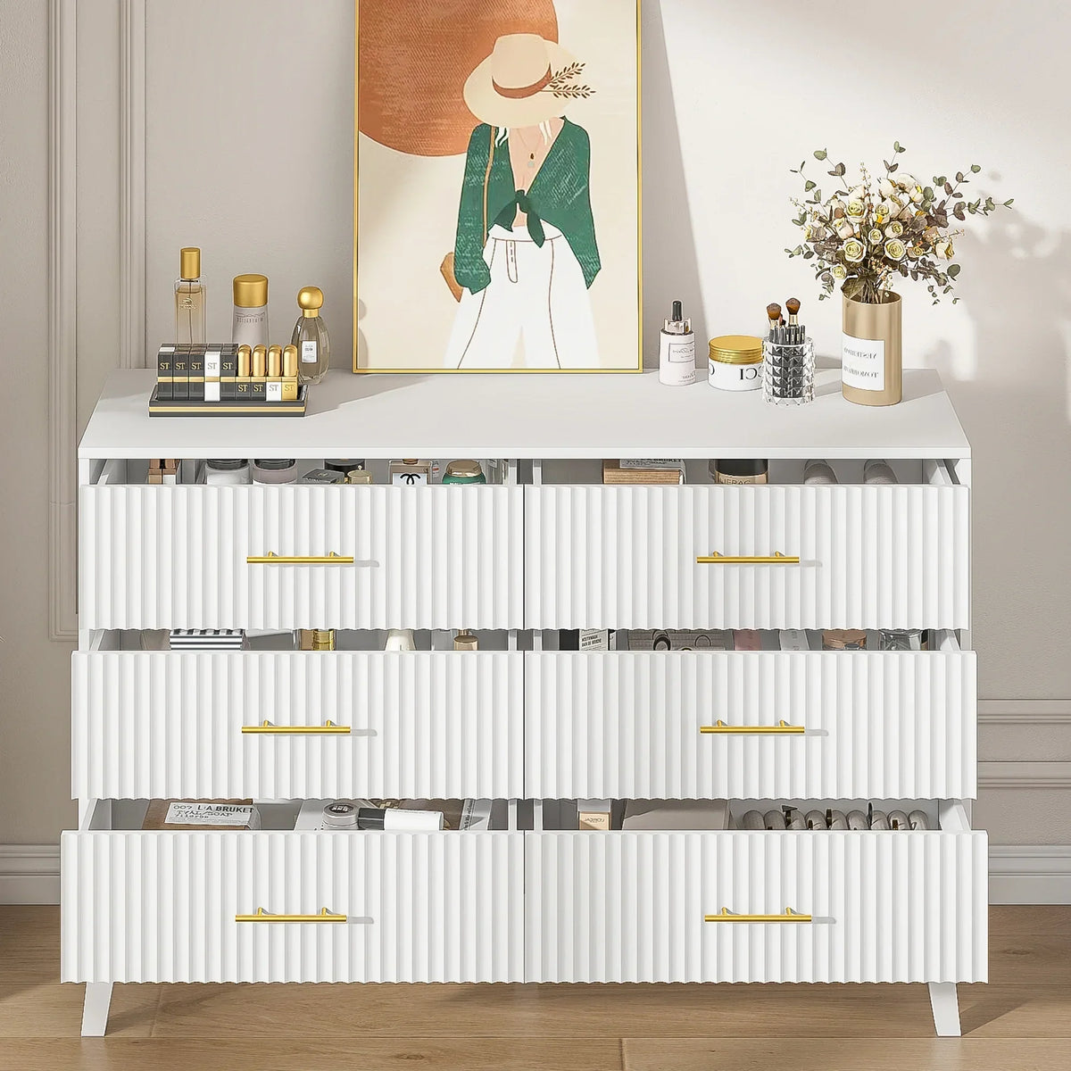 Nouveauté 2026 – Commode à 6 tiroirs Fluted , commode moderne large, commode double à 6 tiroirs