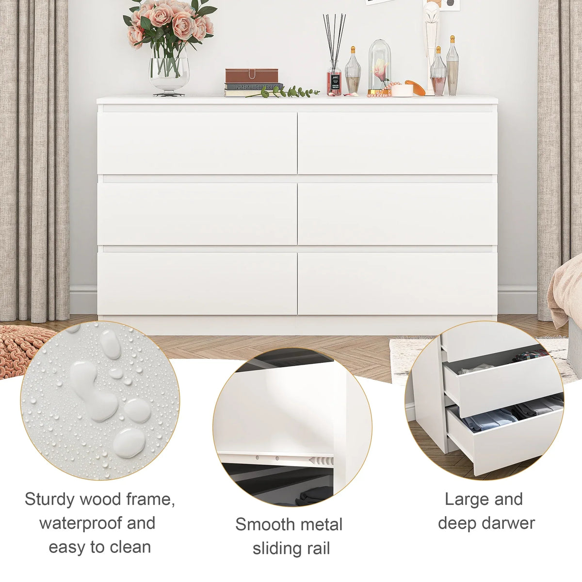 Nouveauté 2026 – Commode Resenkos moderne style milieu du siècle, 6 tiroirs, large, pour chambre à coucher, grise