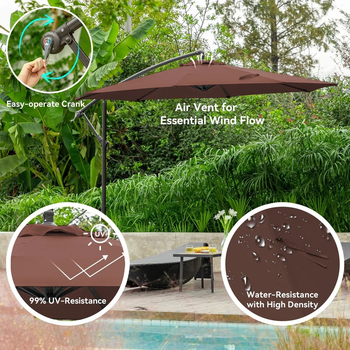 Nouveauté 2026 – Parasol déporté suspendu JUSTLET de 3 m (10 pi) robuste avec base en 4 pièces incluse, beige