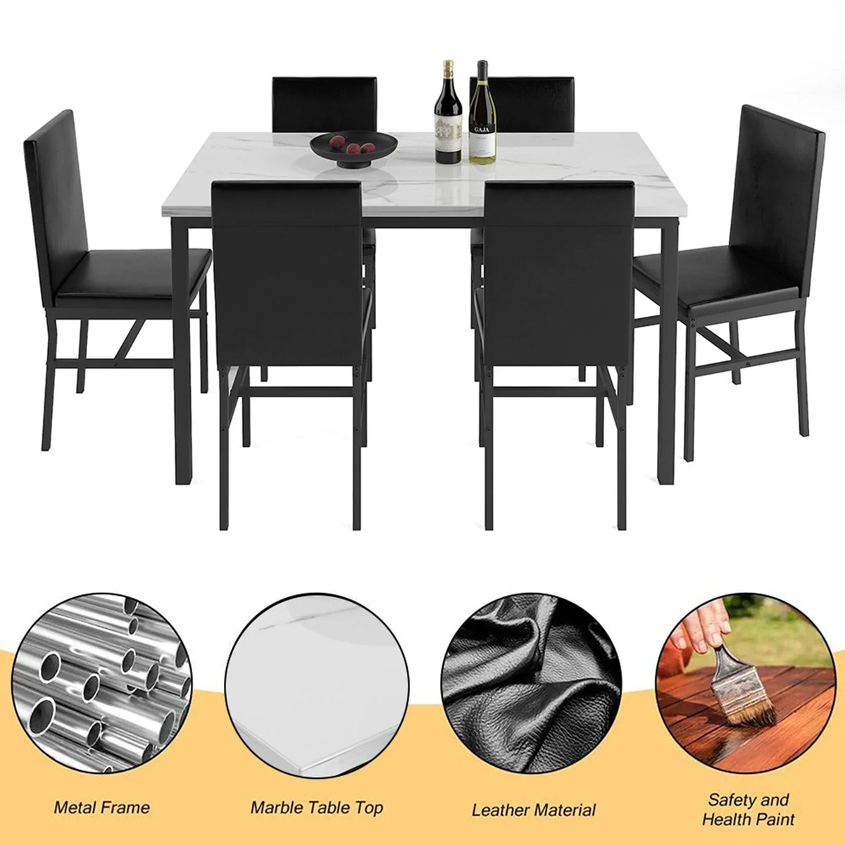 Nouveauté 2026 – Ensemble de salle à manger moderne avec table et 6 chaises rembourrées à dossier haut, idéal pour 6 personnes, petit espace cuisine, coin repas ou bar, B1470