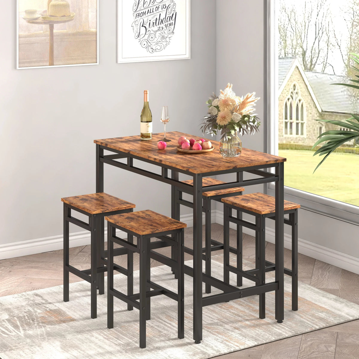 Nouveauté 2026 – Ensemble de table haute 5 places , table de bar et tabourets assortis, table à manger minimaliste avec tabourets sans dossier, ensemble table et chaises de bar avec plateau en bois pour cuisine, appartement ou bistrot - Gain de place