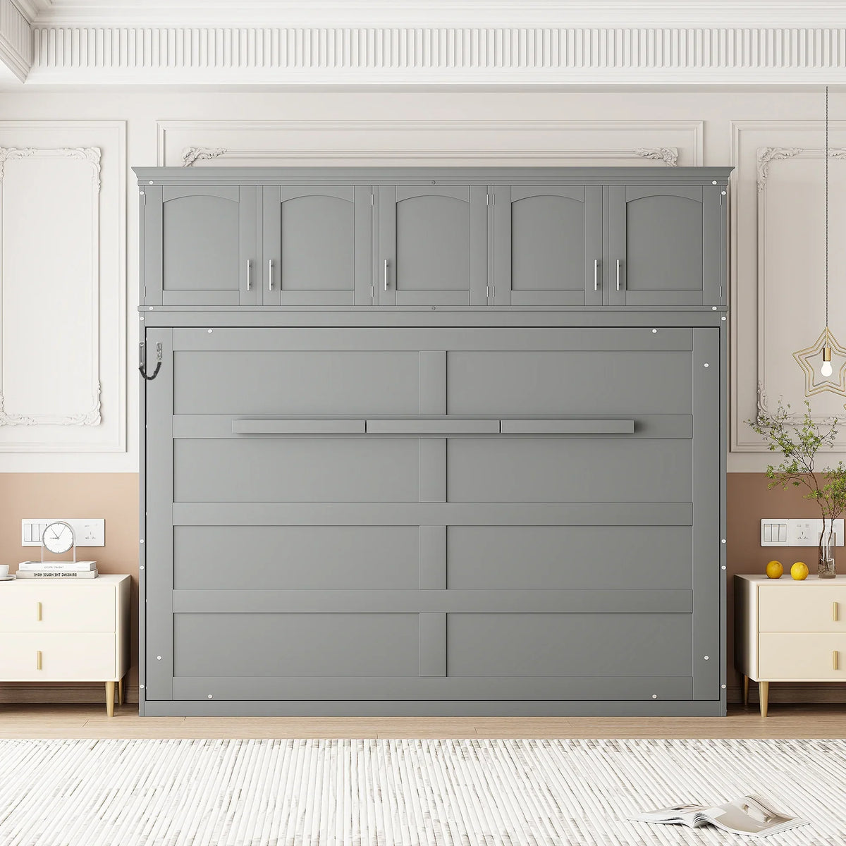 Nouveauté 2026 – Lit escamotable mural Queen Size avec rangements supérieurs, gris
