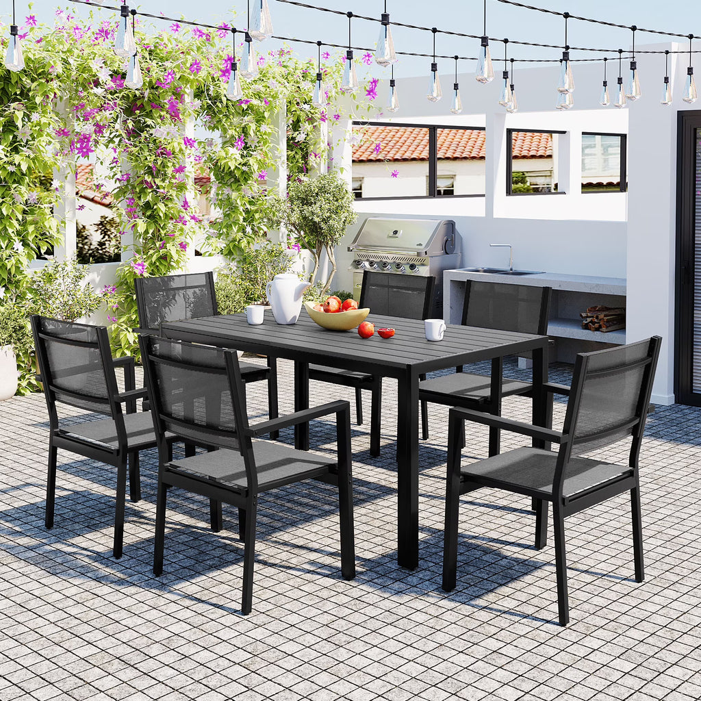 Nouveauté 2026 – Ensemble de salle à manger d'extérieur 7 pièces , comprenant une table et des chaises pour 6 personnes, un plateau en plastique imitation bois et un mobilier de jardin en textilène. Idéal pour terrasse ou patio