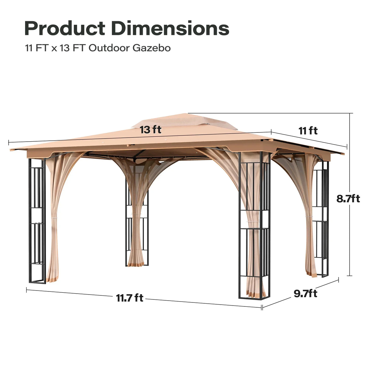 Nouveauté 2026 – LAUSAINT HOME Pavillon de patio 13'x11', Pavillon robuste avec double toit et moustiquaires pour jardin, pelouse, (Kaki