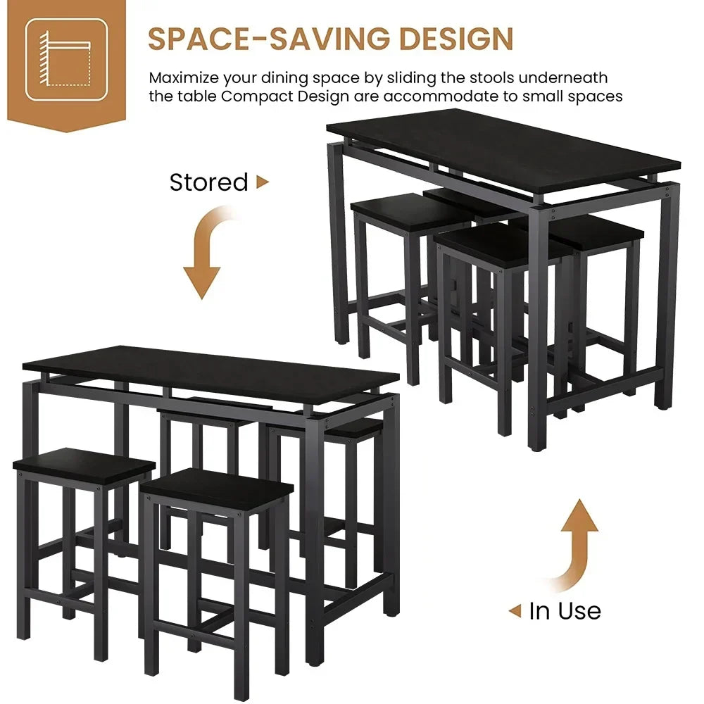 Nouveauté 2026 – Ensemble de table haute 5 places , table de bar et tabourets assortis, table à manger minimaliste avec tabourets sans dossier, ensemble table et chaises de bar avec plateau en bois pour cuisine, appartement ou bistrot - Gain de place