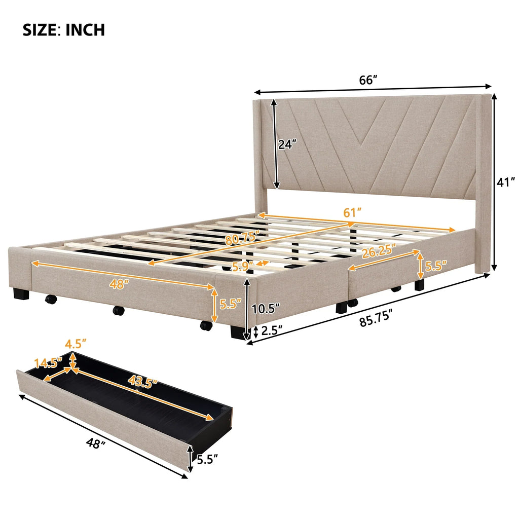 Nouveauté 2026 – Cadre de lit Queen Sesslife avec rangement, nouveau lit plateforme rembourré en lin amélioré avec 3 tiroirs, lit de rangement Queen avec tête de lit et lattes en bois, aucun sommier requis, supporte 227 kg, beige