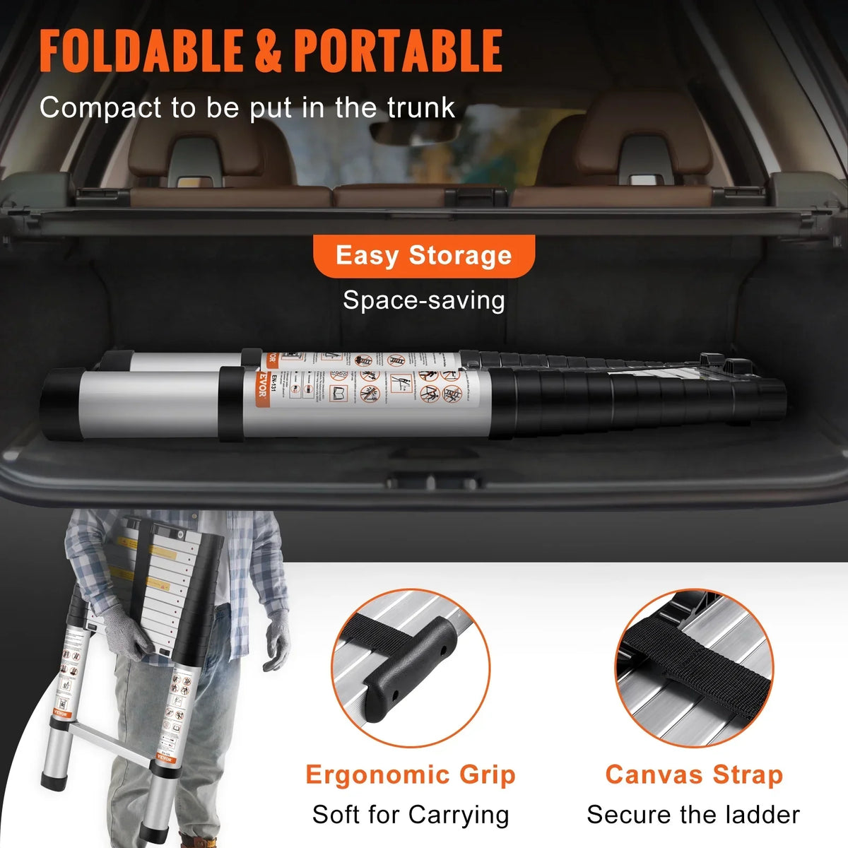Nouveauté 2026 – Échelle télescopique BENTISM de 3,8 m (12,5 pi), échelle pliable en aluminium avec rétraction par simple pression d'un bouton, capacité de 170 kg (375 lb), certifiée ANSI | Portable pour la maison, le VR et le grenier