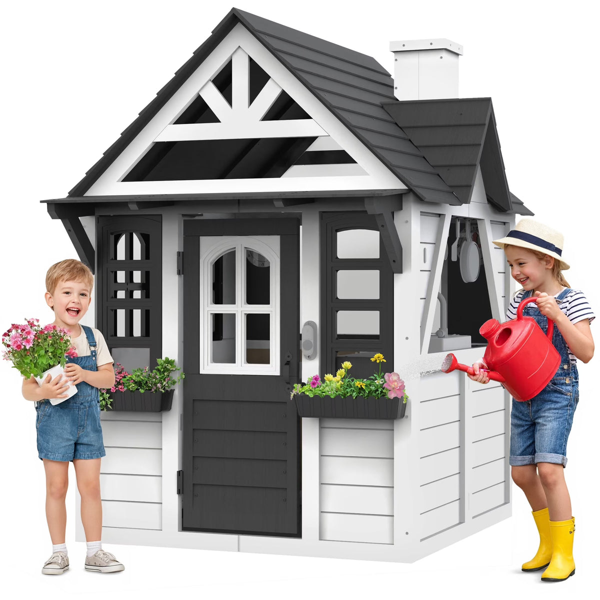 Nouveauté 2026 – Maisonnette d'extérieur COCLUB pour enfants de 4 à 8 ans, en bois, avec sonnette, téléphone et jouets de cuisine. Dimensions : 114 cm (L) x 165 cm (H). Couleurs : blanc et noir