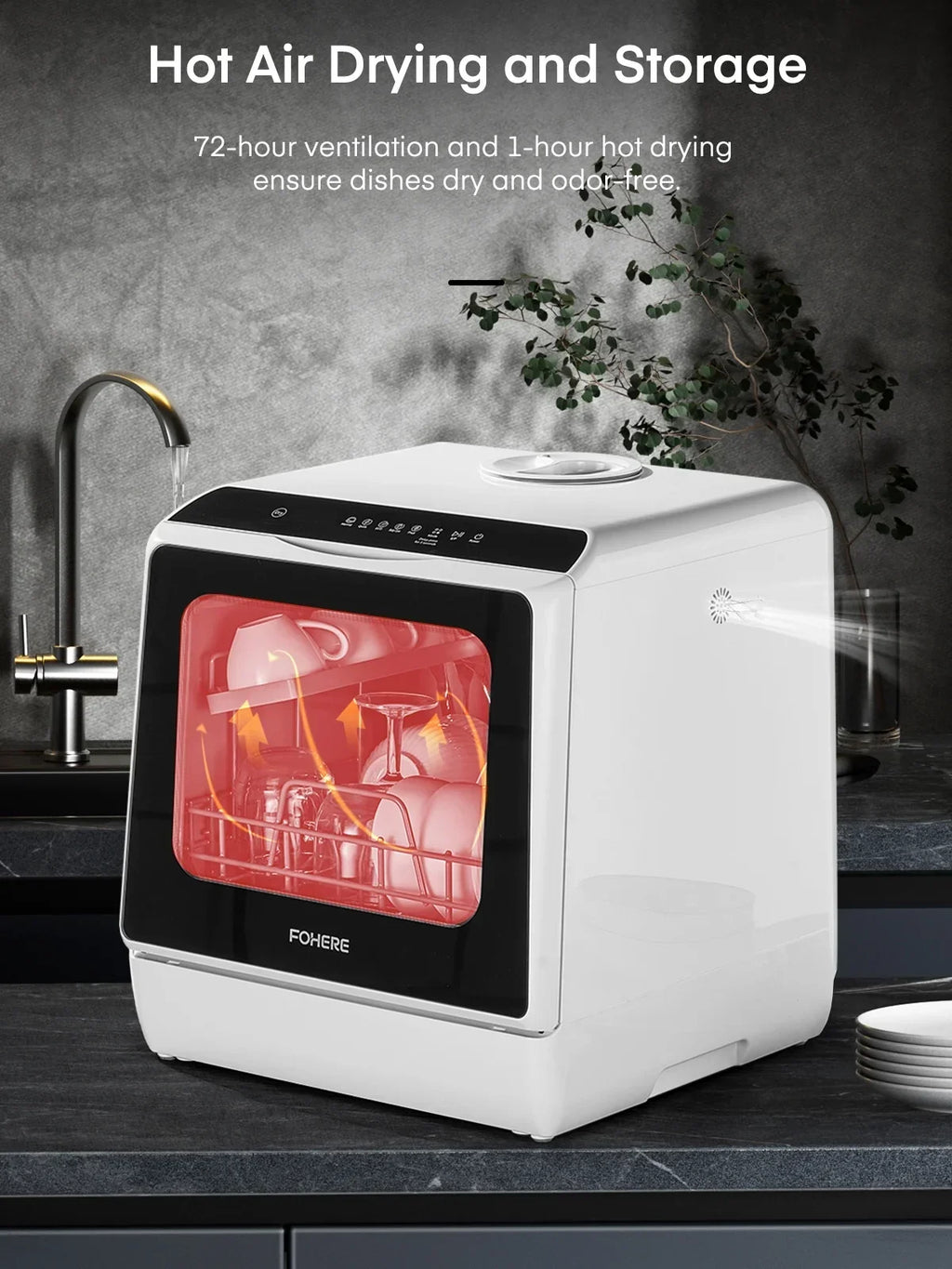 Nouveauté 2026 – Lave-vaisselle de comptoir FOHERE avec départ différé 6 h, lave-vaisselle portable avec réservoir d'eau intégré de 5 L, 6 programmes, double jet à 360°, haute température