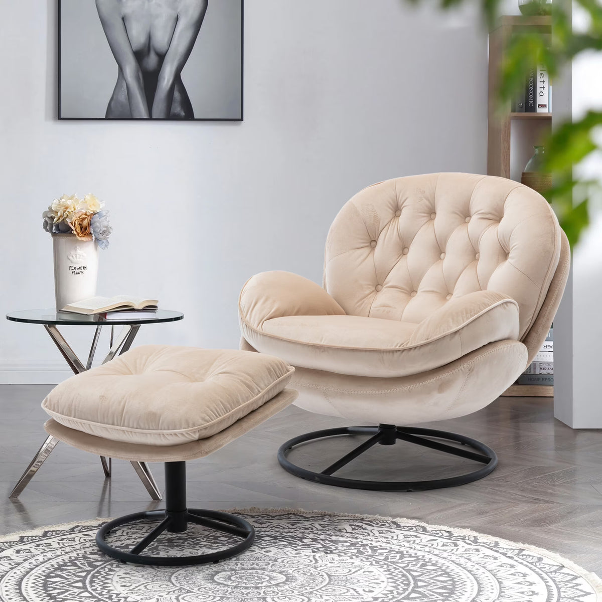 Nouveauté 2026 – Fauteuil pivotant Velvet avec repose-pieds, chaise longue moderne avec structure en métal, fauteuil de lecture confortable pour salon, chambre ou bureau, bleu
