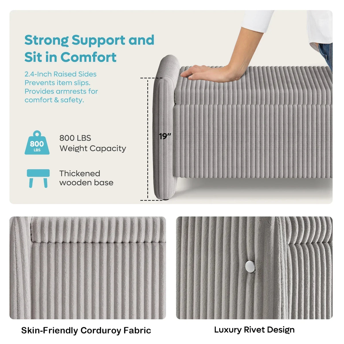 Nouveauté 2026 – Banc coffre Pinmoco de 112 cm (44 po), banc d'entrée rembourré avec rangement, idéal pour la chambre et le salon, en velours côtelé gris