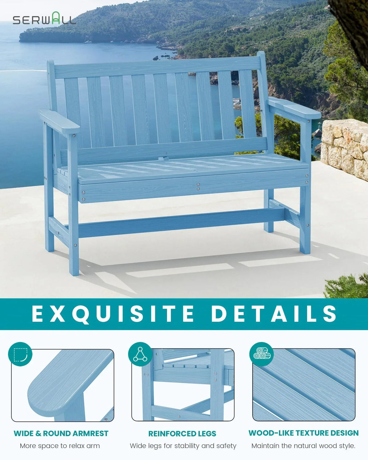 Nouveauté 2026 – Banc d'extérieur SERWALL pour 2 personnes, en PEHD résistant aux intempéries avec renforts en aluminium, supporte jusqu'à 300 kg, confortable pour terrasse, jardin et véranda, noir