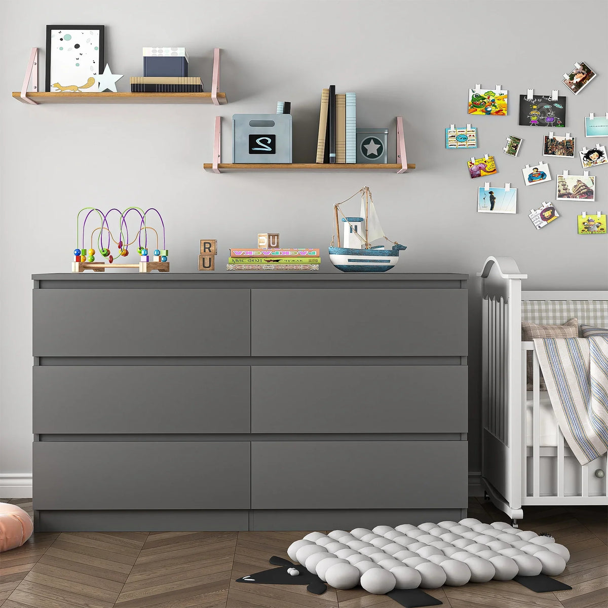 Nouveauté 2026 – Commode Resenkos moderne style milieu du siècle, 6 tiroirs, large, pour chambre à coucher, grise