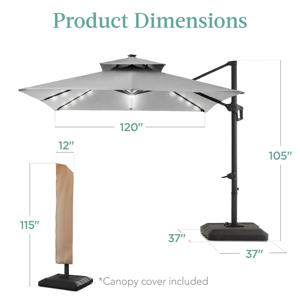 Nouveauté 2026 – Parasol de terrasse carré déporté à deux niveaux, 3 x 3 m, à éclairage solaire LED, avec base incluse (Best Choice Products, ) - Beige