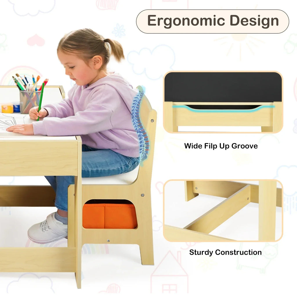 Nouveauté 2026 – Ensemble table et 2 chaises pour enfants LINLUX , table d'activités avec tableau noir/blanc, gris