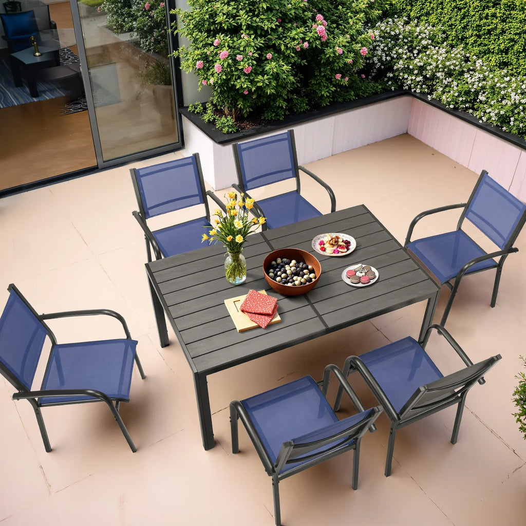 Nouveauté 2026 – Ensemble de salle à manger d'extérieur 7 pièces , comprenant une table et des chaises pour 6 personnes, un plateau en plastique imitation bois et un mobilier de jardin en textilène. Idéal pour terrasse ou patio