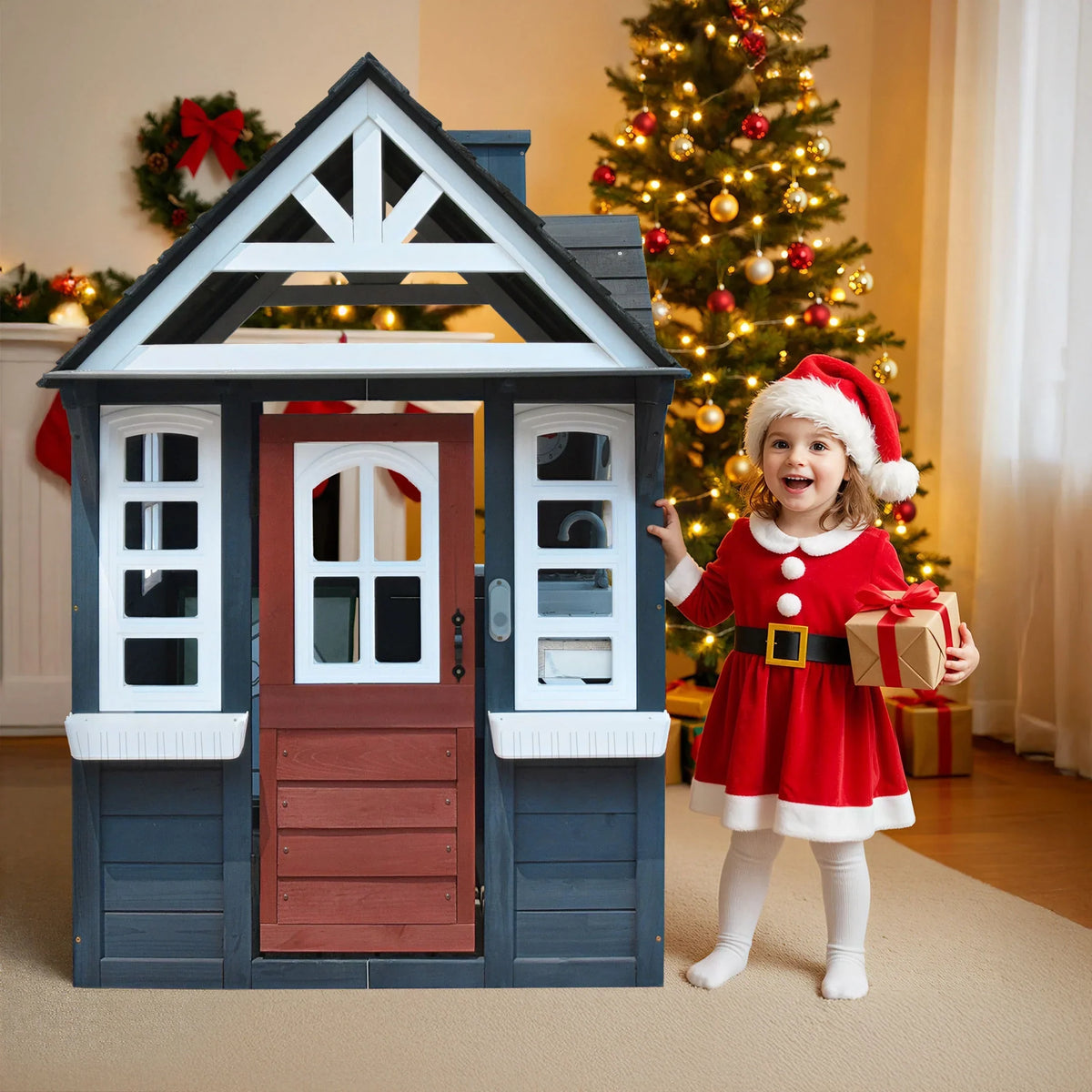 Nouveauté 2026 – Maisonnette d'extérieur COCLUB pour enfants de 4 à 8 ans, en bois, avec sonnette, téléphone et jouets de cuisine. Dimensions : 114 cm (L) x 165 cm (H). Couleurs : blanc et noir