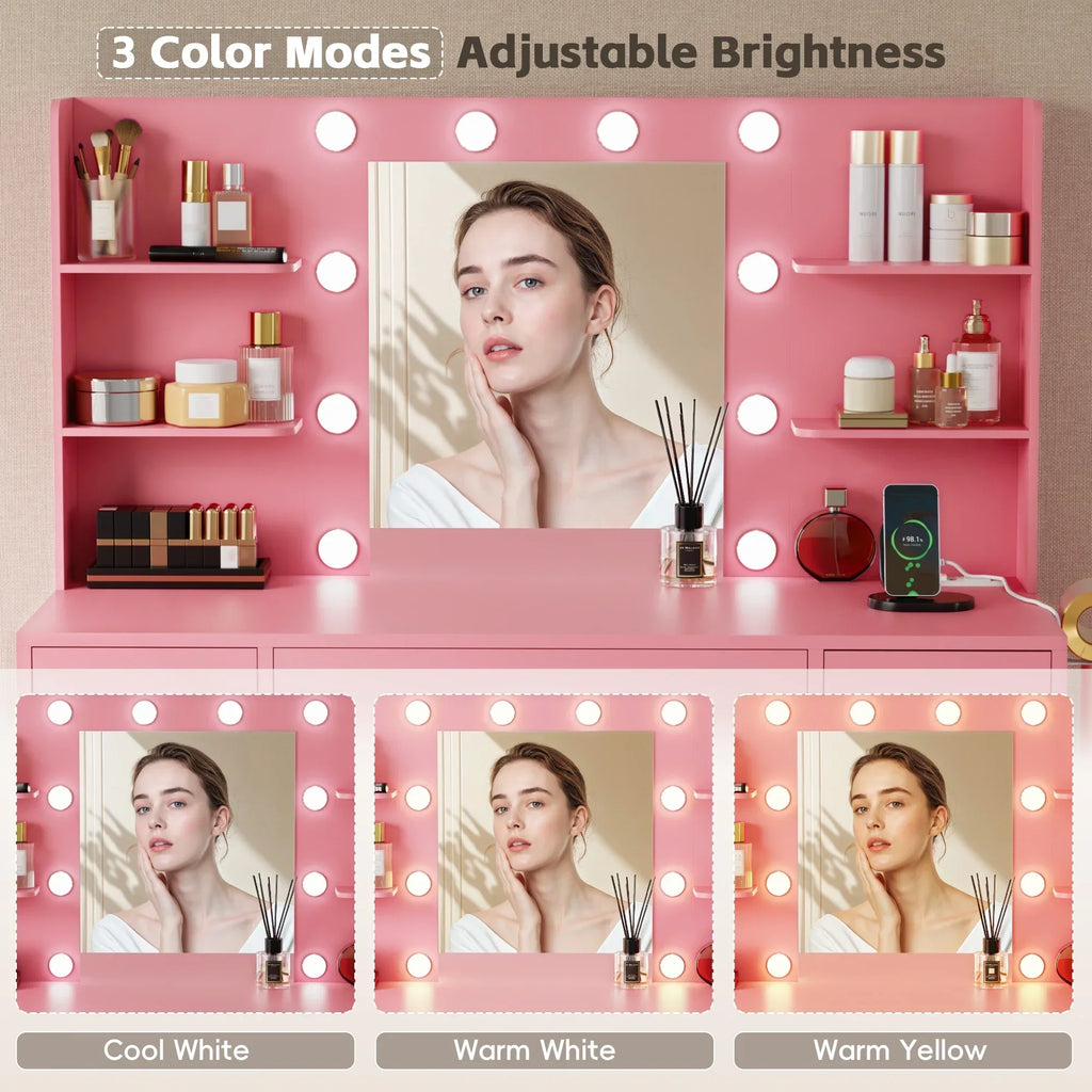 Nouveauté 2026 – Coiffeuse Lacoo avec miroir et éclairage LED, meuble de maquillage avec 7 tiroirs et 4 étagères, table de toilette avec prise électrique pour chambre ou dressing, blanche