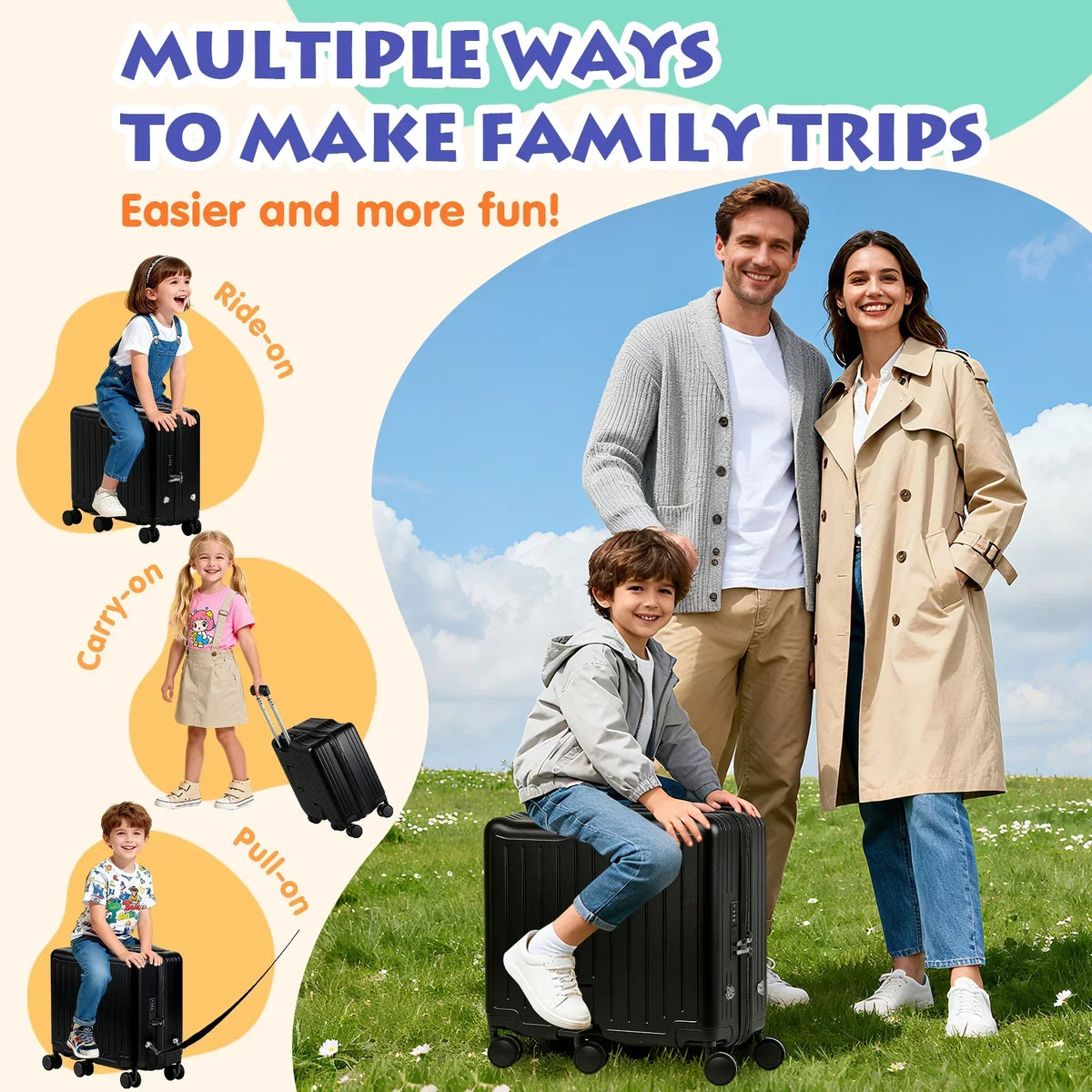 Nouveauté 2026 – Valise à roulettes Advwin pour enfants, avec sangle de traction, repose-pieds, porte-gobelet, 6 roues et poignée réglable, valise pivotante de 45,7 cm (18 pouces) avec autocollants et carte d'embarquement, rose