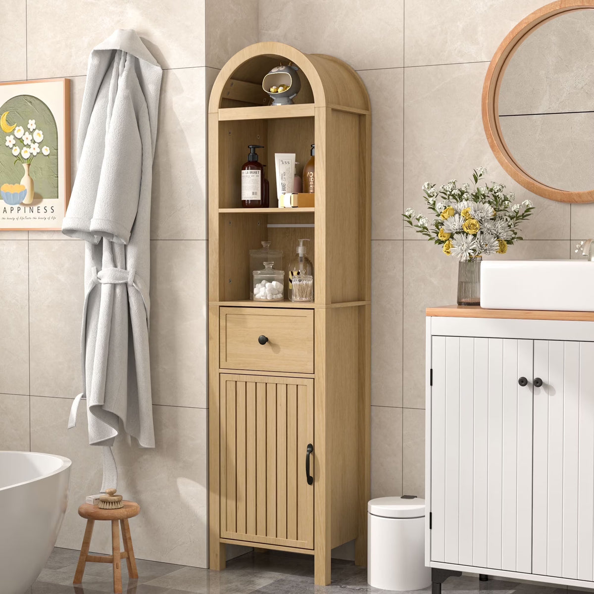 Nouveauté 2026 – Armoires de rangement hautes pour salle de bain Fiogmub avec portes et étagères, armoire à linge haute et étroite avec tiroir