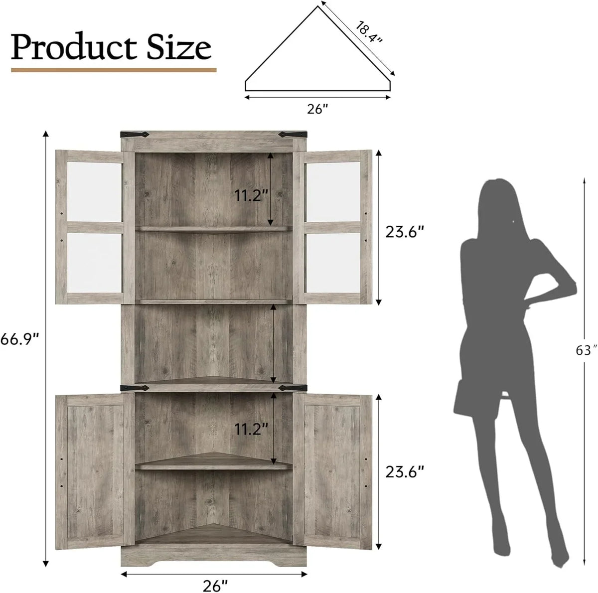 Nouveauté 2026 – Meuble de rangement d'angle de 170 cm de haut avec éclairage, style ferme, avec portes vitrées, en bois, pour cuisine, salon ou salle de bain, gris délavé
