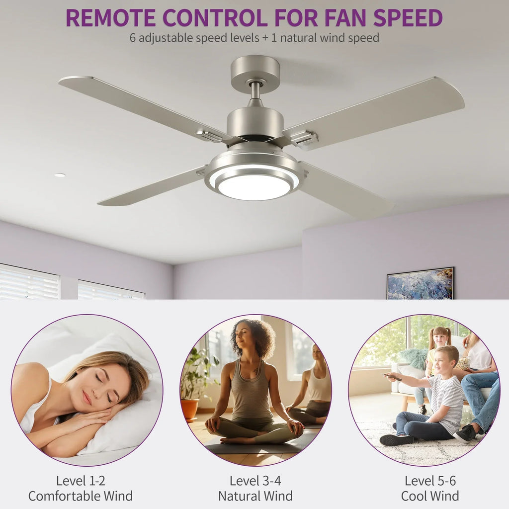 Nouveauté 2026 – Ventilateur de plafond Dextrus 52'' avec lumière et télécommande, 6 vitesses, 5 réglages de minuterie et pales à double finition (nickel