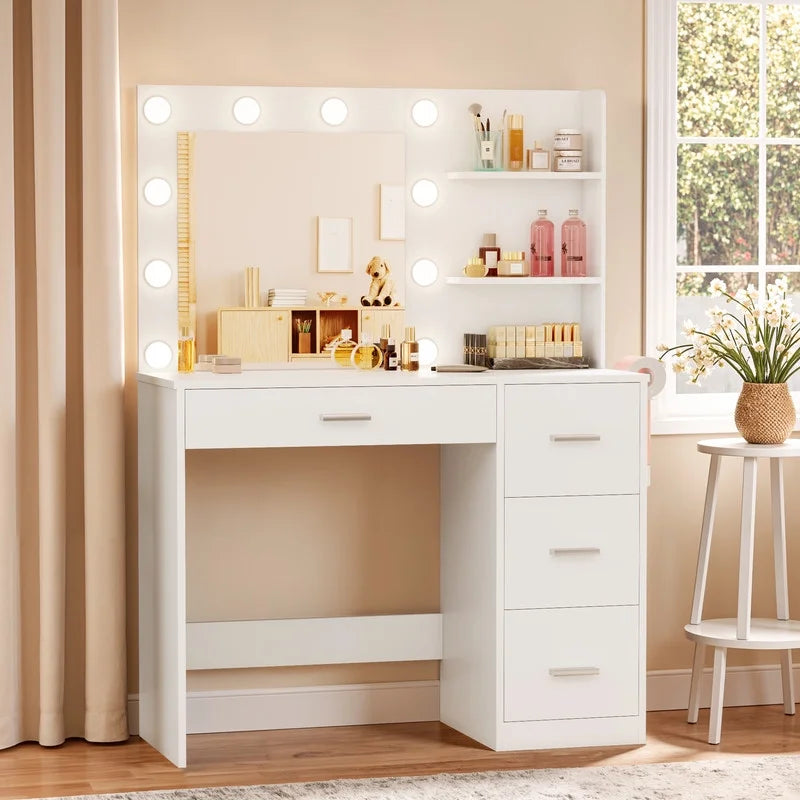 Nouveauté 2026 – Coiffeuse Lacoo avec miroir et éclairage LED, meuble de maquillage avec 7 tiroirs et 4 étagères, table de toilette avec prise électrique pour chambre ou dressing, blanche