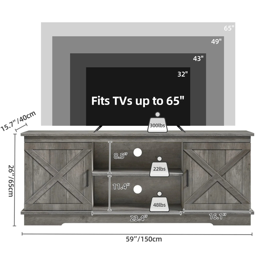 Nouveauté 2026 – Meuble TV Dextrus Farmhouse pour téléviseur 65 pouces, centre multimédia pour salon, meuble console TV, gris délavé
