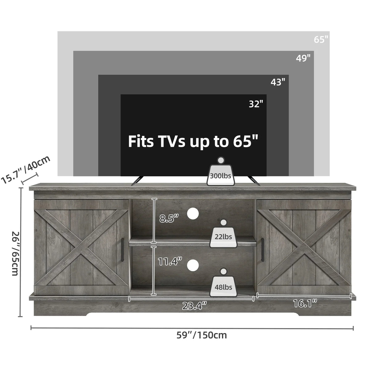 Nouveauté 2026 – Meuble TV Dextrus Farmhouse pour téléviseur 65 pouces, centre multimédia pour salon, meuble console TV, gris délavé