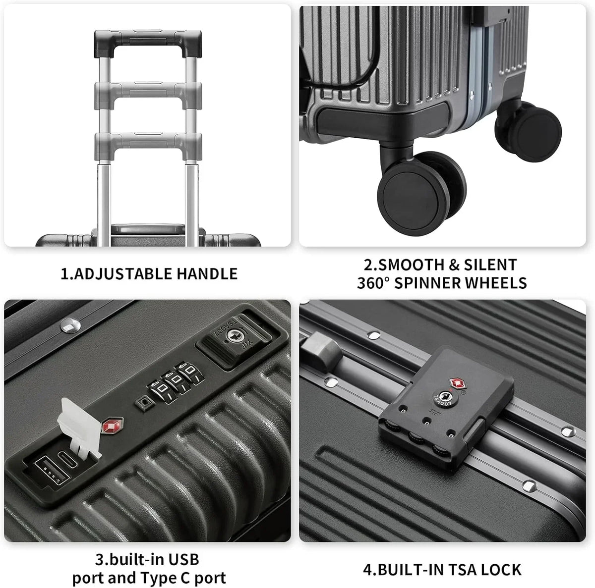 Nouveauté 2026 – Nouvelle valise cabine avec port de chargement USB, compartiment avant, serrure TSA, valise rigide cabine approuvée par les compagnies aériennes avec roulettes multidirectionnelles (grise, 20 pouces