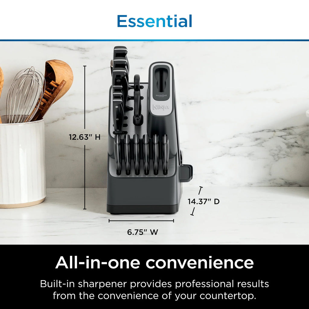 Nouveauté 2026 – Système de couteaux essentiels 14 pièces en acier inoxydable Ninja NeverDull avec affûteur intégré, K12014 Noir/Gris