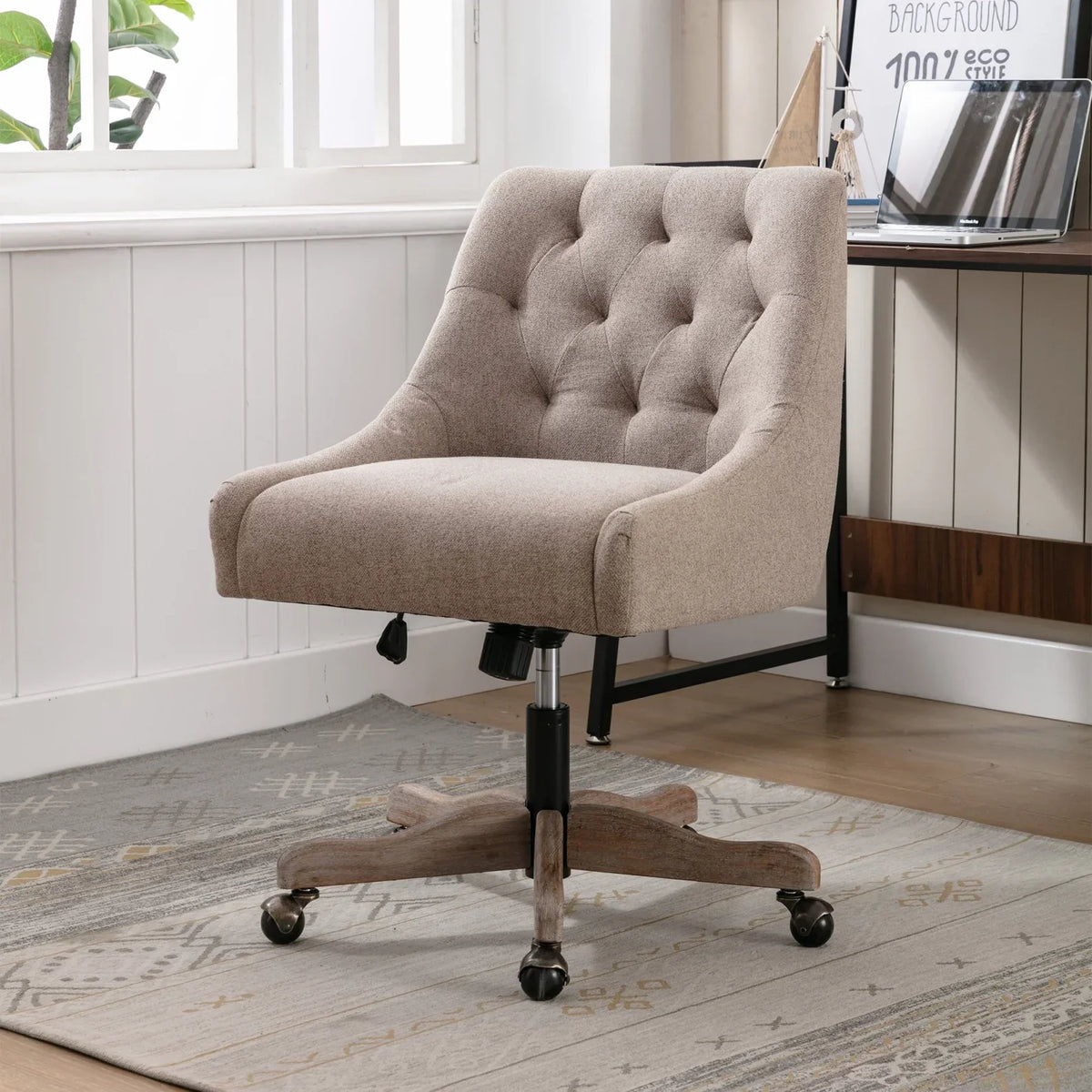 Nouveauté 2026 – Chaise de bureau pivotante à 360° , chaise de coiffeuse rembourrée avec base en bois massif et roulettes, hauteur réglable, idéale pour la chambre ou le salon, marron