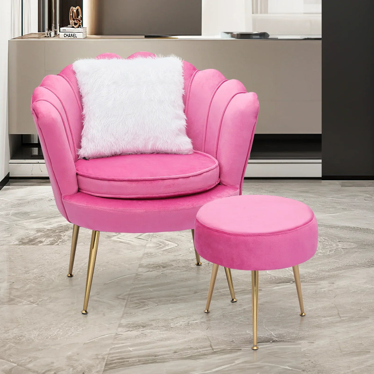 Nouveauté 2026 – Ensemble de 2 fauteuils d'appoint MoNiBloom , capitonnés en velours, avec coussin et repose-pieds. Fauteuil moderne rembourré, assise capitonnée et pieds en métal doré, idéal pour le salon. Couleur : noir