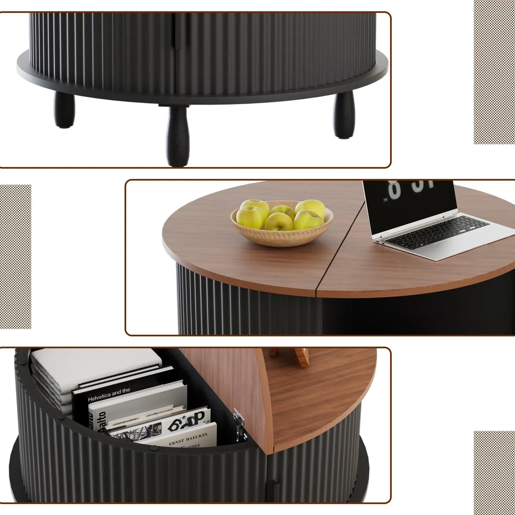 Nouveauté 2026 – Table basse ronde RUMLIVE avec rangement, table basse moderne de 78 cm avec porte coulissante incurvée à 360°, table basse en bois cannelé avec patins, table centrale ronde pour salon, noire