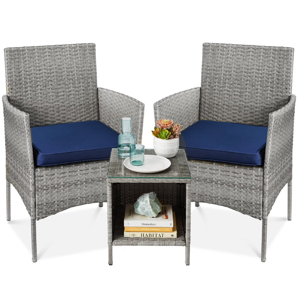 Nouveauté 2026 – Ensemble bistro de jardin 3 pièces en résine tressée Best Choice Products , avec 2 chaises et une table - Gris/Bleu marine