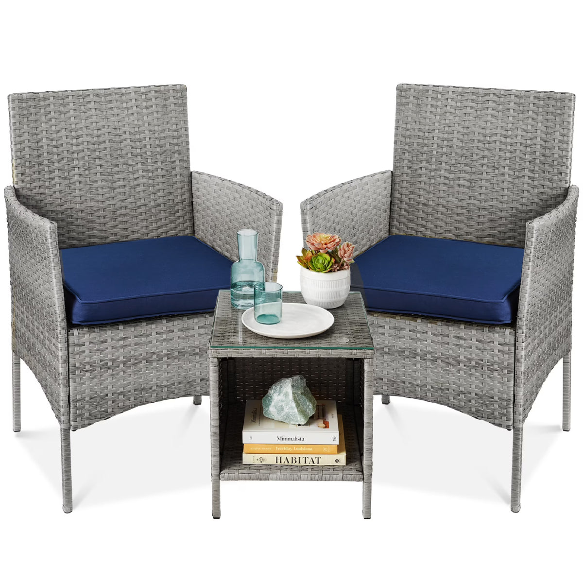 Nouveauté 2026 – Ensemble bistro de jardin 3 pièces en résine tressée Best Choice Products , avec 2 chaises et une table - Gris/Bleu marine