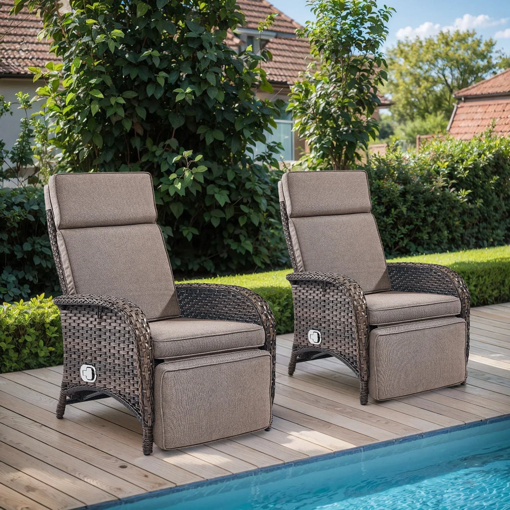 Nouveauté 2026 – Fauteuil inclinable d'extérieur OPOHORO , chaise longue de patio inclinable réglable avec coussin, en osier, avec dossier et repose-pieds réglables, idéal pour le bord de la piscine, beige