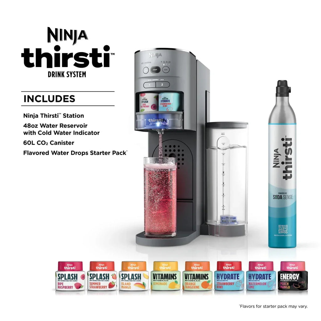 Nouveauté 2026 – Système de boissons Ninja Thirsti : kit complet de personnalisation pour boissons plates et gazeuses avec cartouche de CO2, arômes et réservoir de 1,4 litre