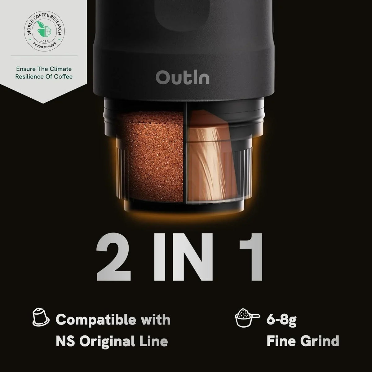 Nouveauté 2026 – Machine à expresso électrique portable OutIn Nano , cafetière de voyage idéale pour le camping et la voiture. Auto-chauffante avec port USB-C, elle fonctionne avec du café moulu et des capsules NS. Parfaite pour les camping-cars, la