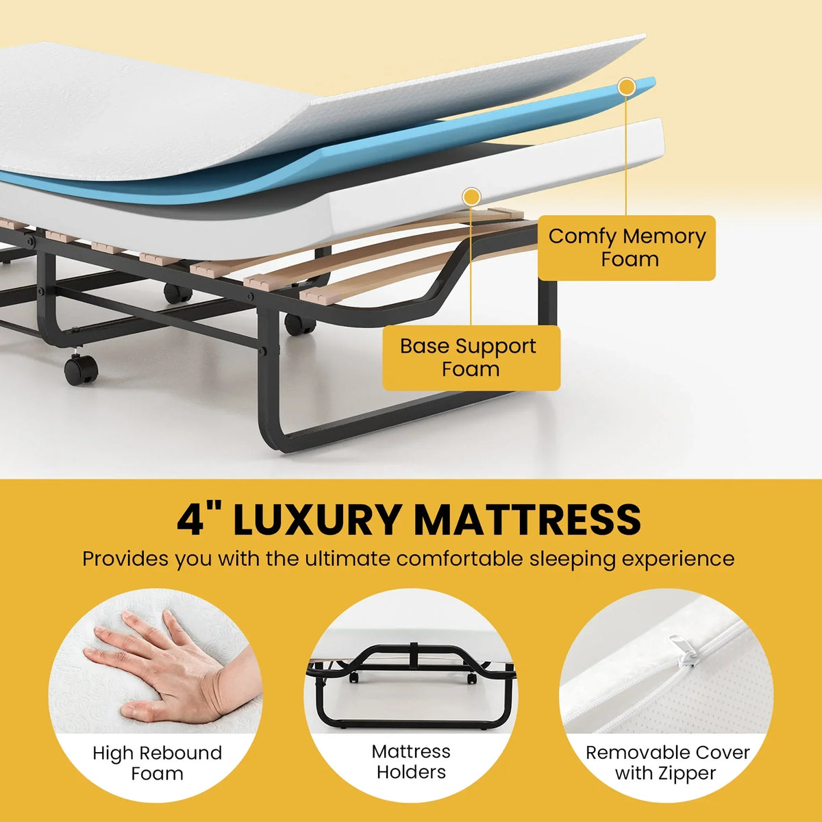 Nouveauté 2026 – Lit d'appoint pliable et portable Gymax avec sommier à lattes en bois massif et cadre en métal, sur roulettes, pour adultes