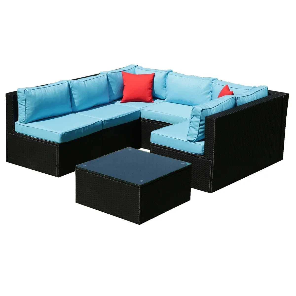 Nouveauté 2026 – Ensemble de mobilier de patio 7 pièces , canapé d'angle en rotin PE, ensemble de conversation avec coussins et table basse en verre, pour balcon, pelouse et jardin, gris