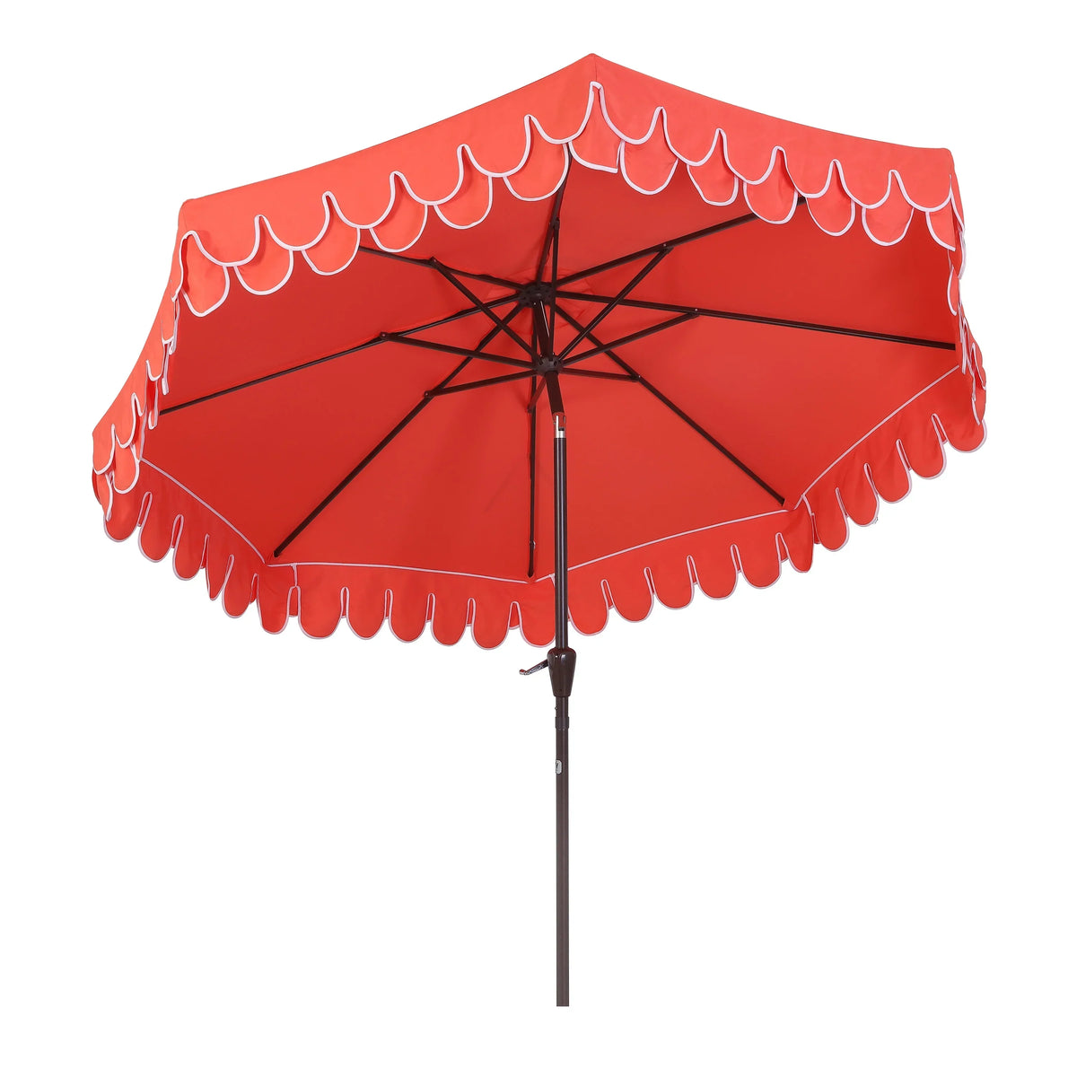Nouveauté 2026 – Parasol de marché JONATHAN Y Tracy 2,74 m (9 pi), style classique milieu du siècle, franges festonnées, manivelle d'inclinaison automatique, aération et protection UV, rose corail/blanc, mât marron foncé