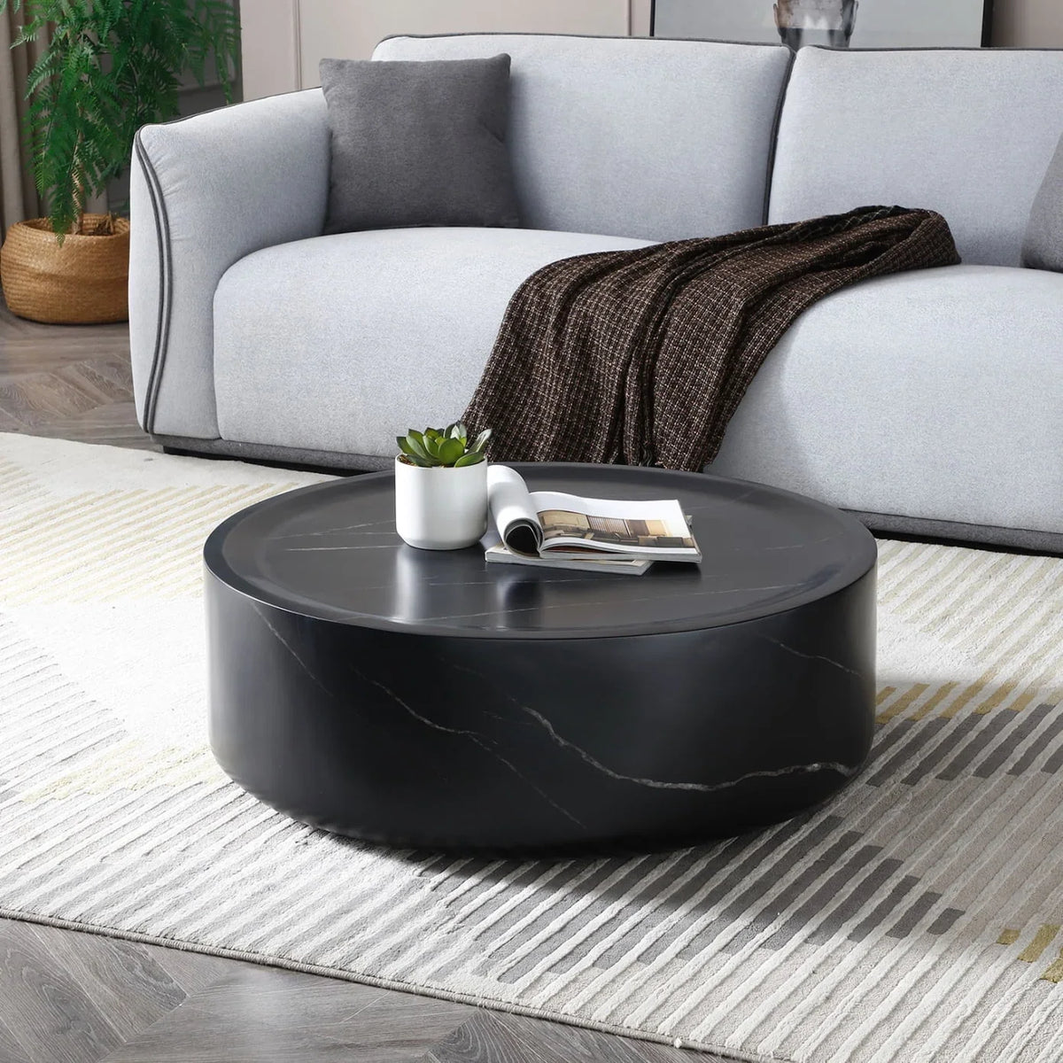 Nouveauté 2026 – Table basse ronde 31,49'' avec texture marbre, table basse circulaire moderne en fibre de verre, table d'appoint pour salon ou extérieur, livrée montée, finition marbre